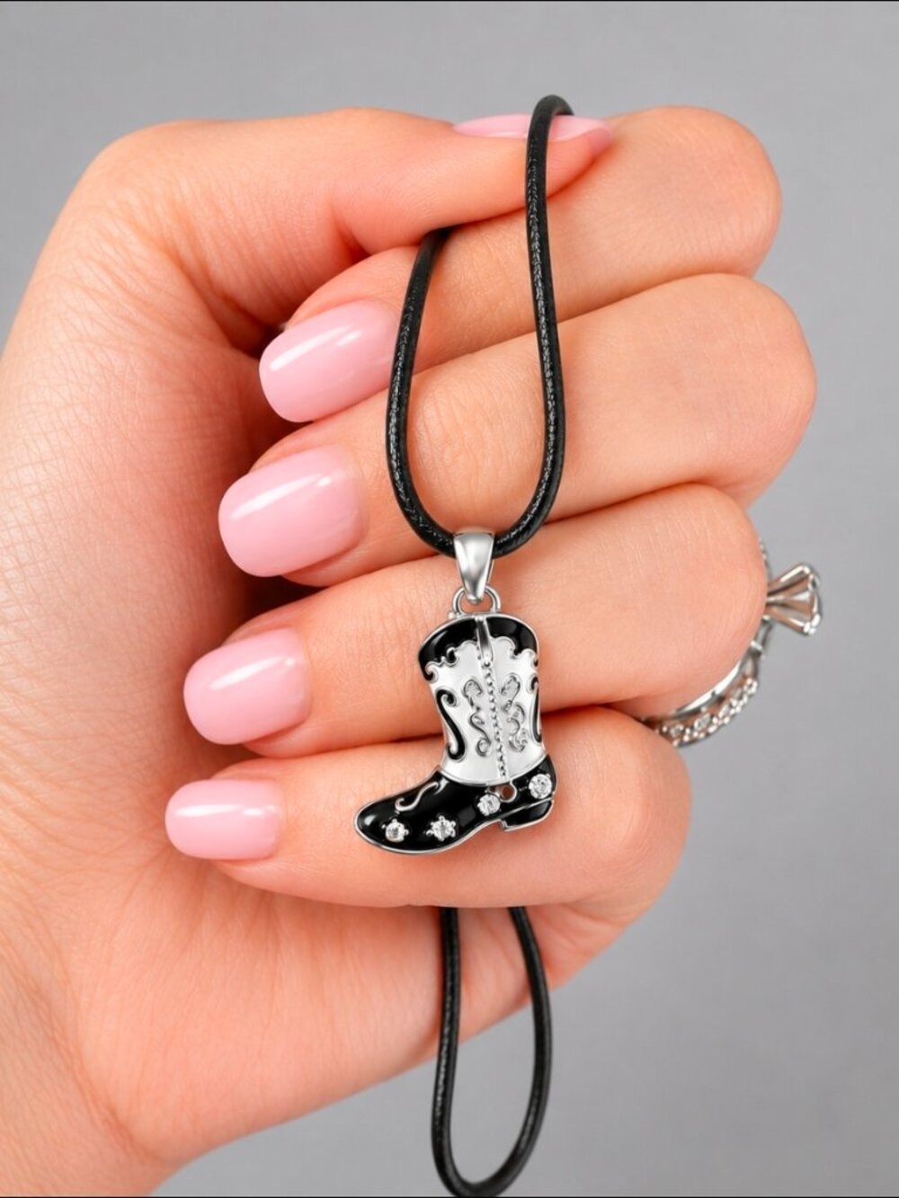 Black & White Rhinestone Cowboy Boot Pendant Necklace/Western Charm Jewelry